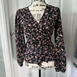 SHEIN Black and Pink Wrap Blouse with Bishop Sleeves